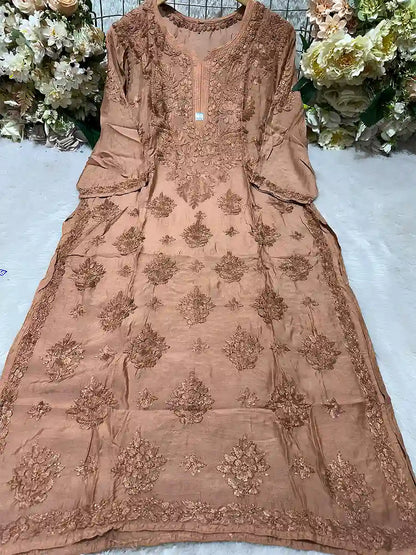Caramel-colored masleen top with intricate tone-on-tone embroidery and floral motifs