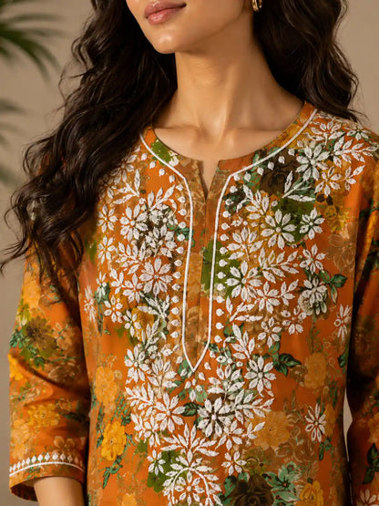 Malmal Cotton floral printed kurta with white embroidered front