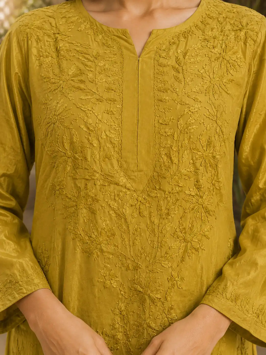 Mustard Yellow Chikankari Muslin Kurta Palazzo Set