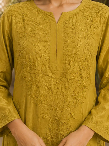 Mustard Yellow Chikankari Muslin Kurta Palazzo Set