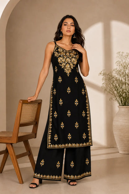Noor Floral Embroidered Sleeveless Rayon Kurti Palazzo Set
