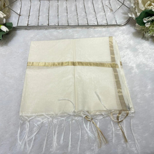 Ivory Pure Chanderi Dupatta with Gold Zari Border & Tassels