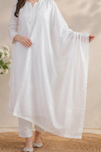 Lucknowi White Handwork Cotton Dupatta