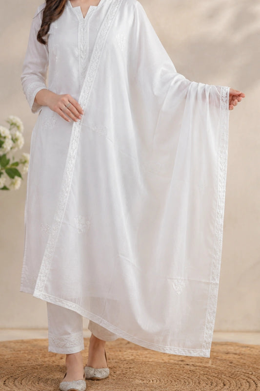 Lucknowi White Handwork Cotton Dupatta