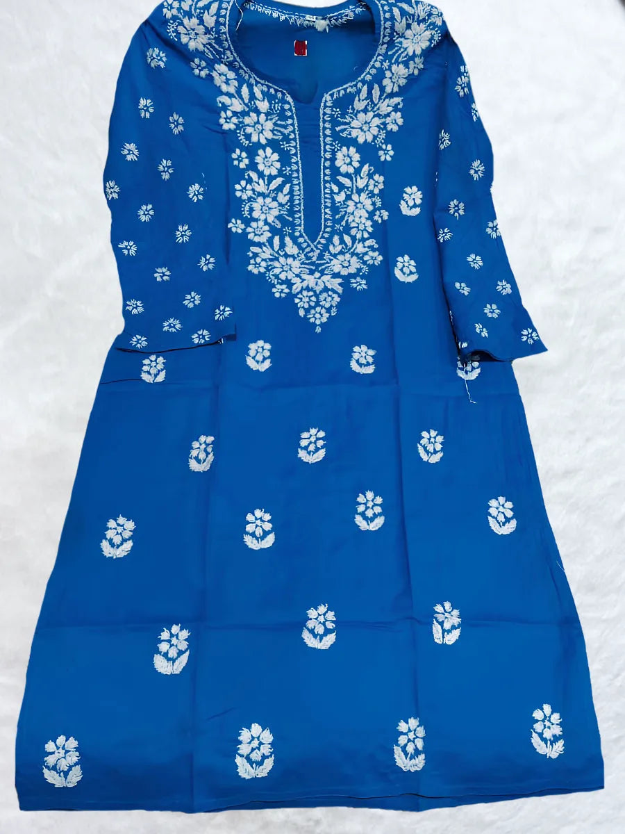 Classic Royal blue chikankari kurti with white floral hand embroidery on front panel

