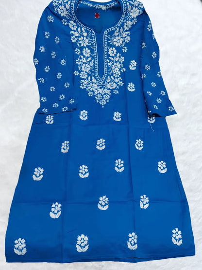 Classic Royal blue chikankari kurti with white floral hand embroidery on front panel

