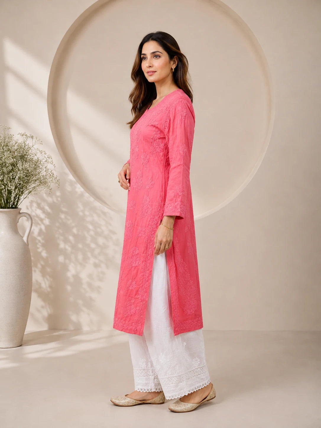Close-up view of floral chikankari embroidery on premium modal kurti