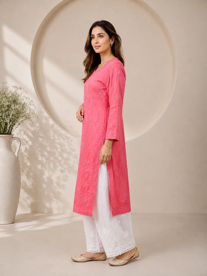 Close-up view of floral chikankari embroidery on premium modal kurti