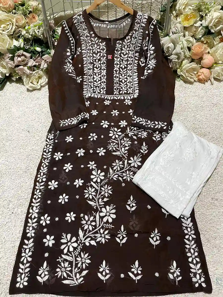Coffee brown Chanderi kurti with elegant white Chikankari embroidery

