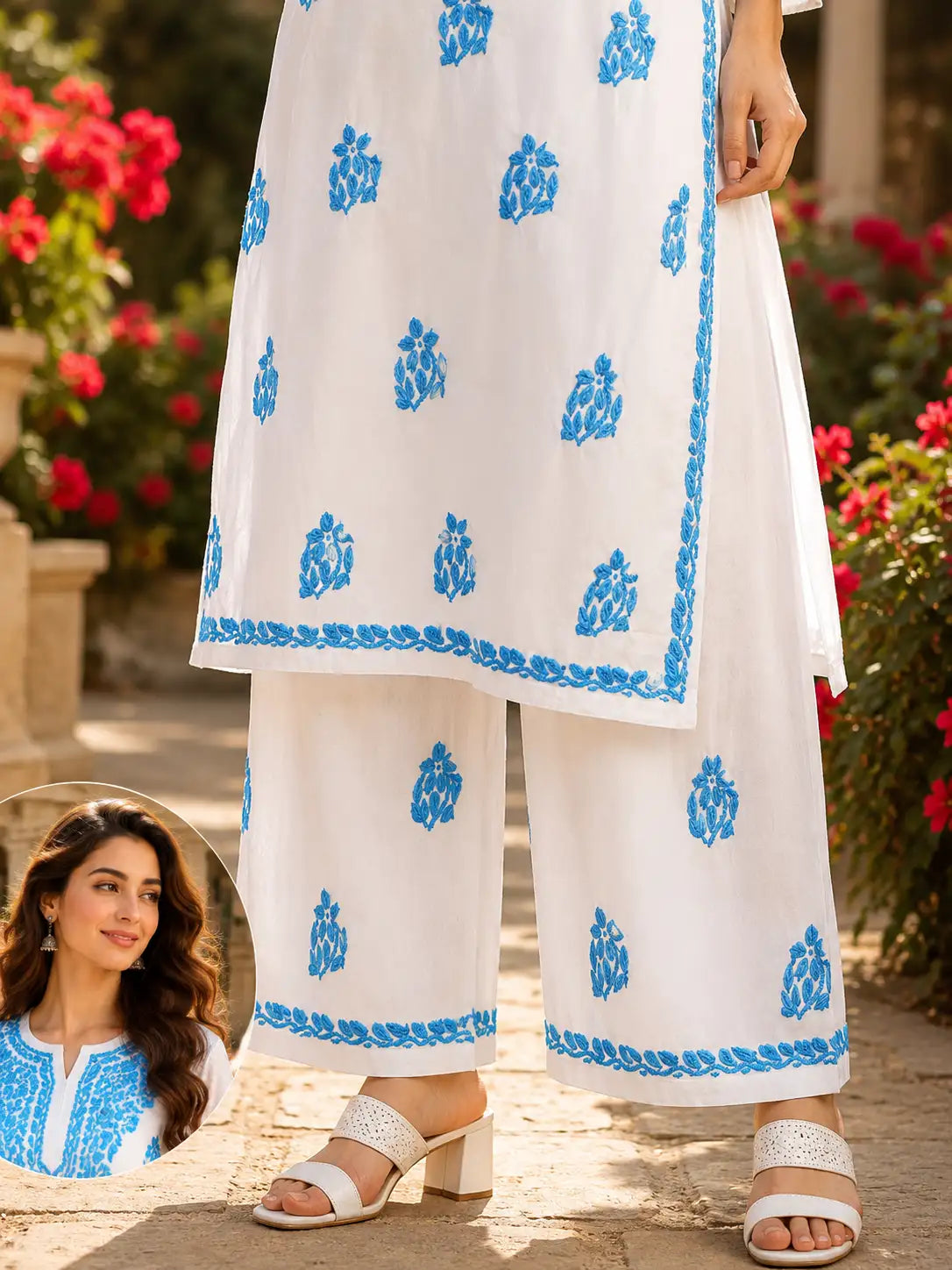 Comfortable Soft Rayon White Kurta Set with Sky Blue Embroidered Design