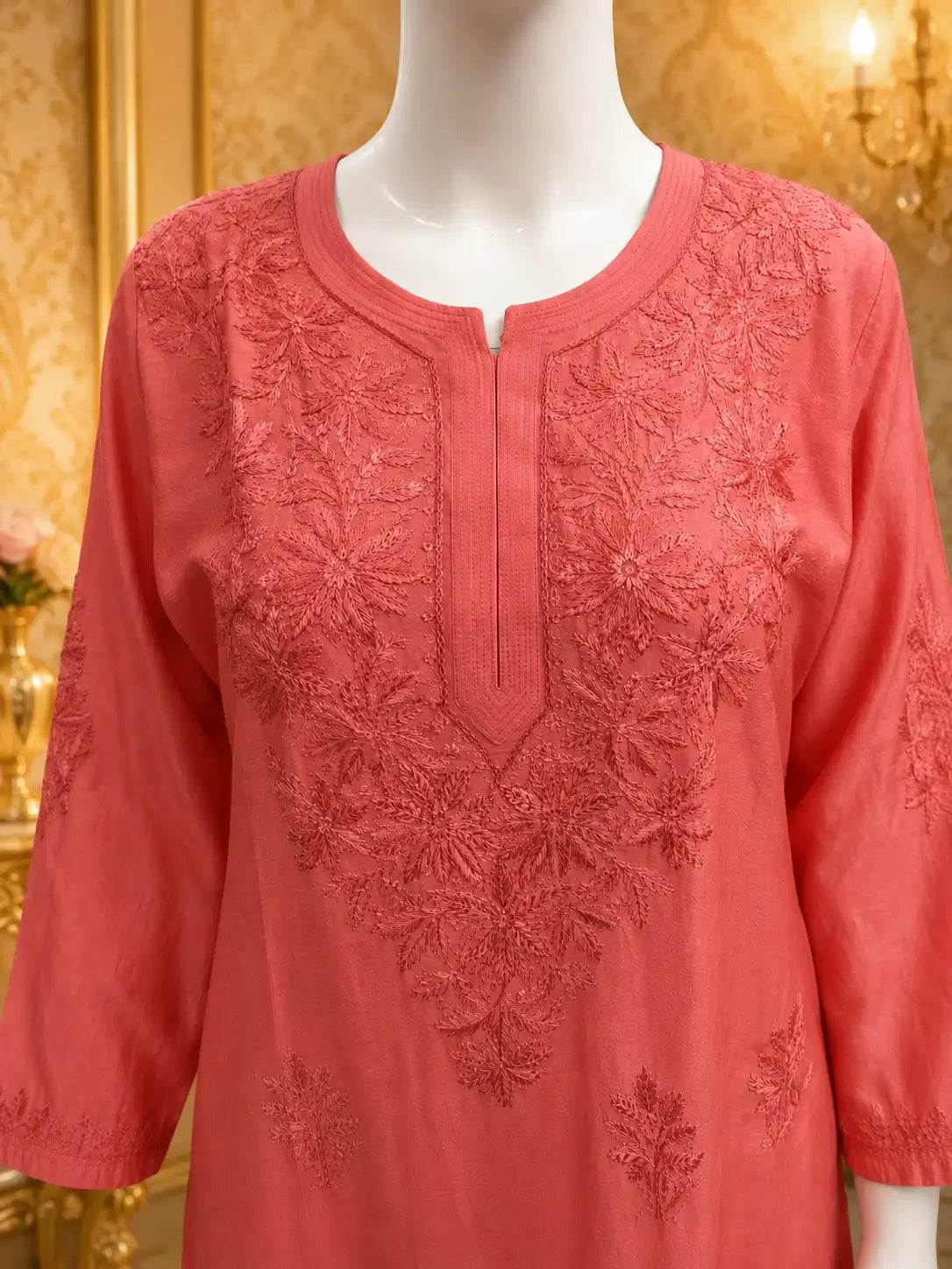 Coral Pink Chanderi Palazzo with Embroidered Detailing