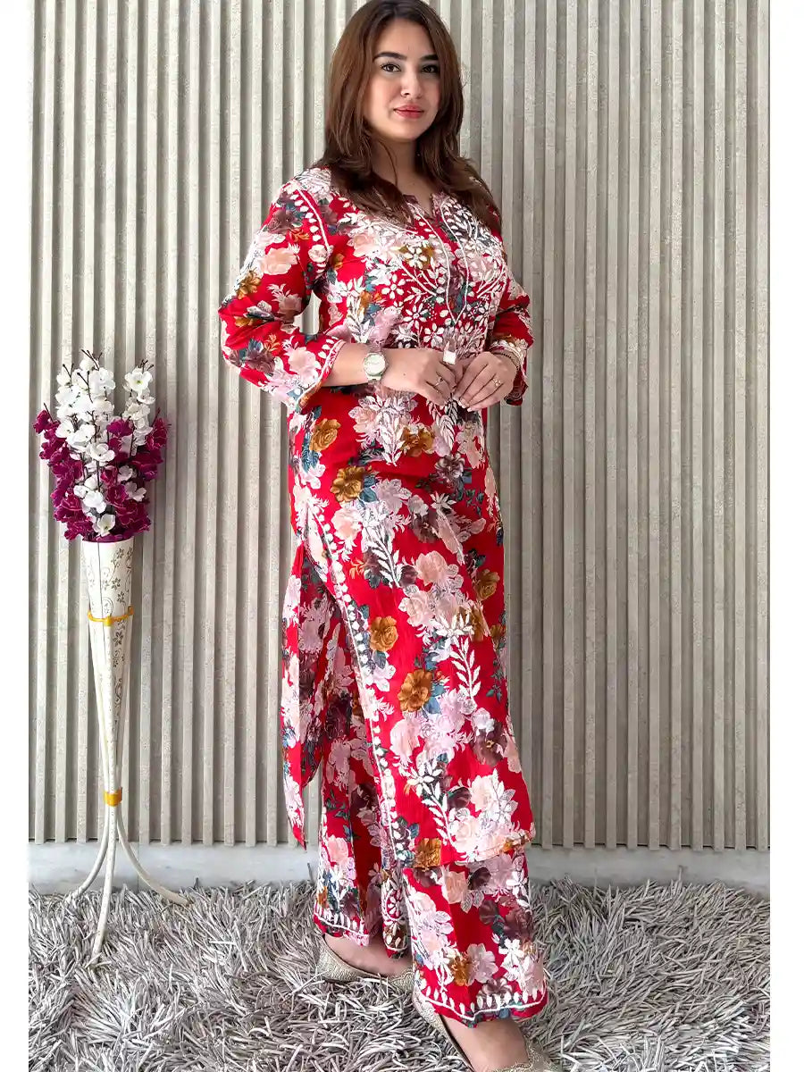 Crimson printed Mulmul Chikankari kurti set