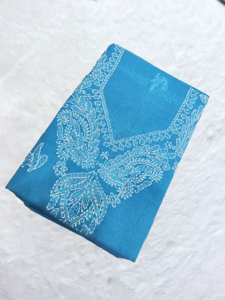 Cyan blue Chikankari cotton dress material with white shadow embroidery in floral motifs on soft voile cotton base.