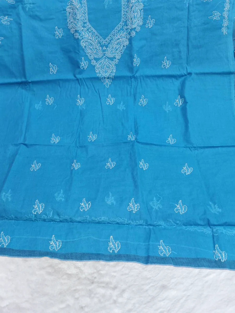 Cyan blue Chikankari cotton dress material with white shadow embroidery in floral motifs on soft voile cotton base( Dniza Chikankari)
