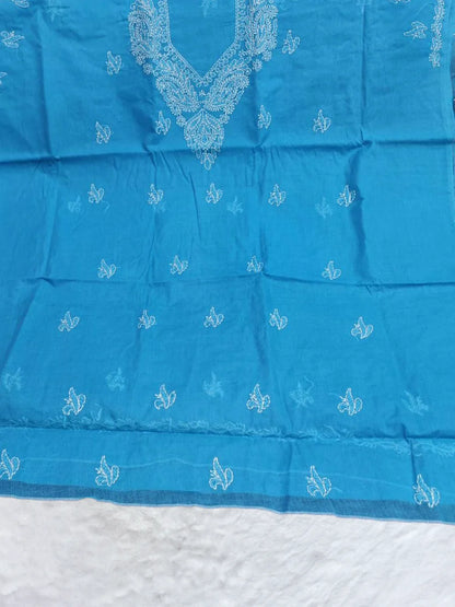 Cyan blue Chikankari cotton dress material with white shadow embroidery in floral motifs on soft voile cotton base( Dniza Chikankari)
