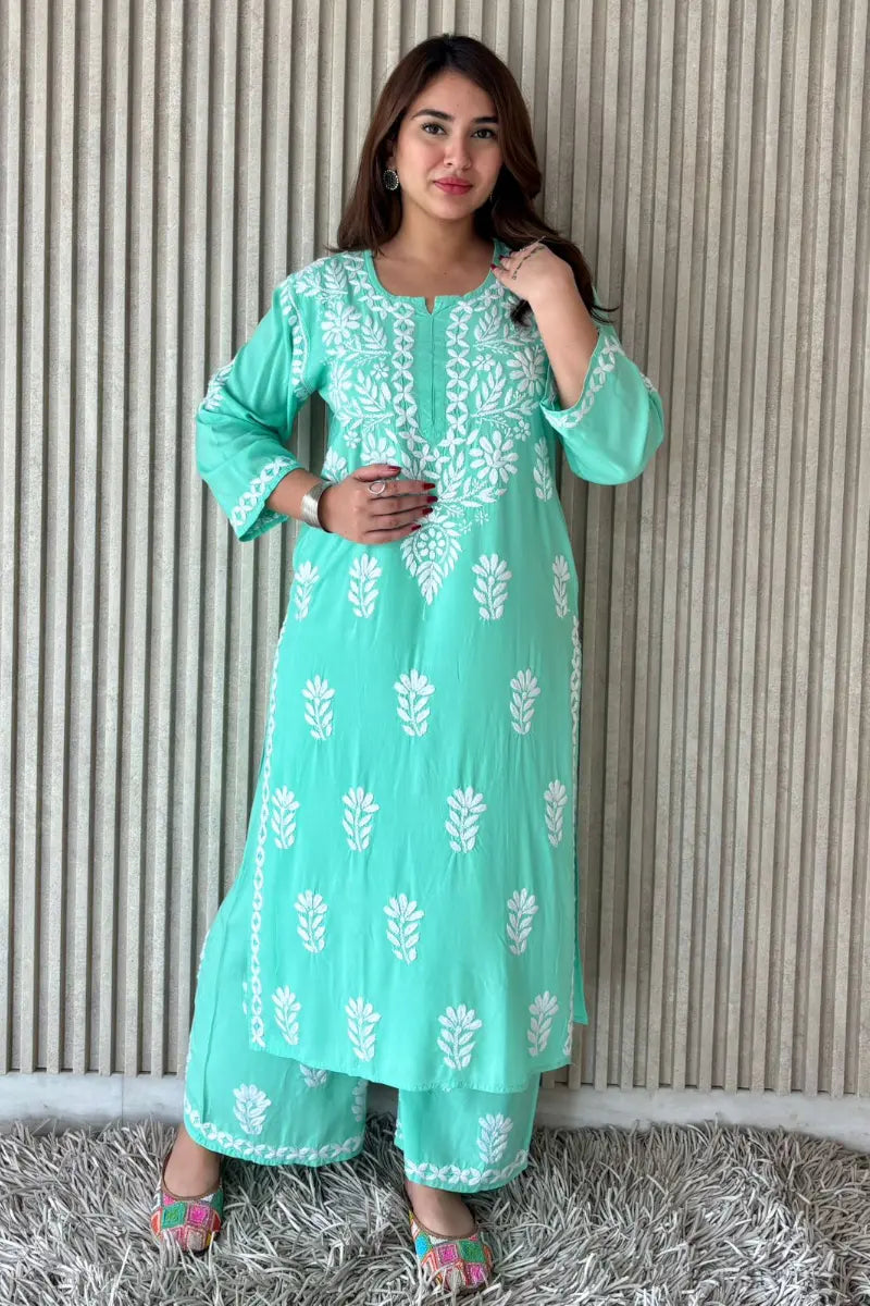 DC Mint green rayon Chikankari kurti set for women with white threadwork