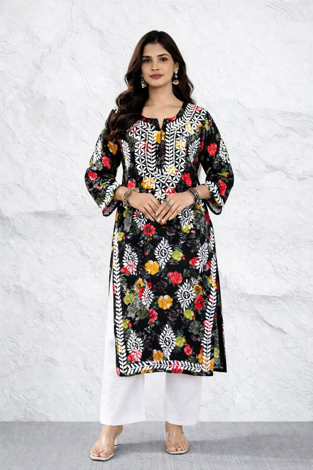 DNIZA Black Floral Printed Rayon Kurti for Women Ethnic Wear