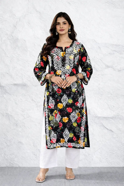 DNIZA Black Floral Printed Rayon Kurti for Women Ethnic Wear