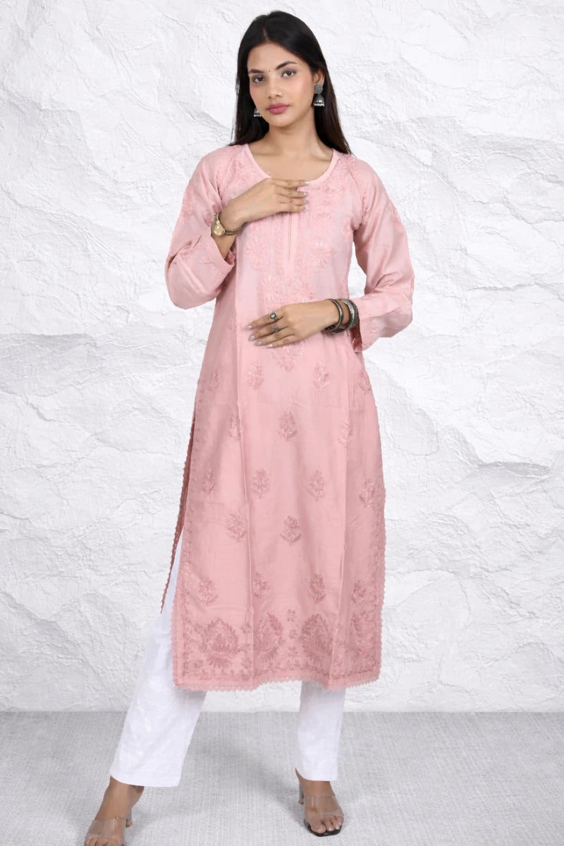 DNIZA Peach Chikankari Chanderi Kurti with Lucknowi Embroidery