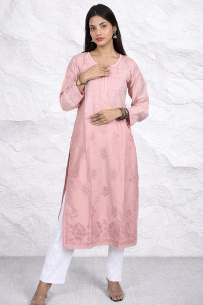 DNIZA Peach Chikankari Chanderi Kurti with Lucknowi Embroidery