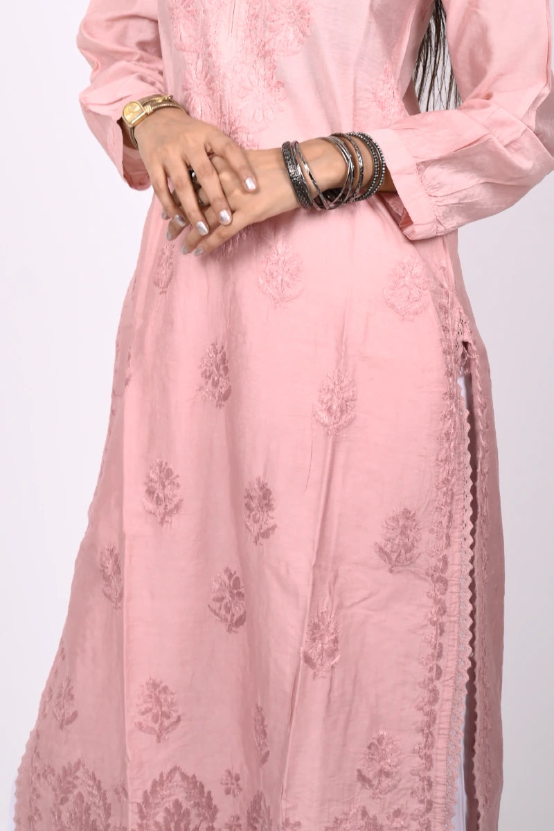 DNIZA Peach Lucknowi Chikankari Chanderi Kurti Front View
