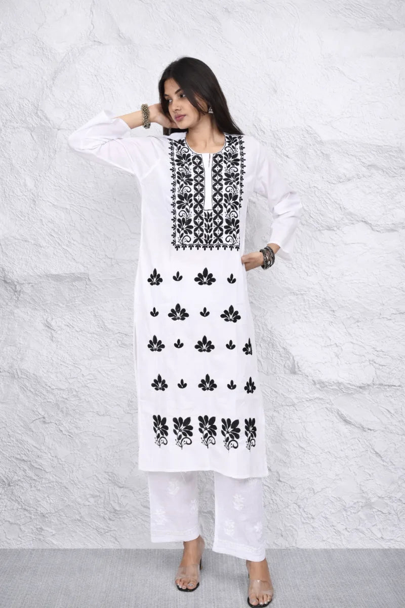 DNIZA white ethnic computer work kurti with black embroidery