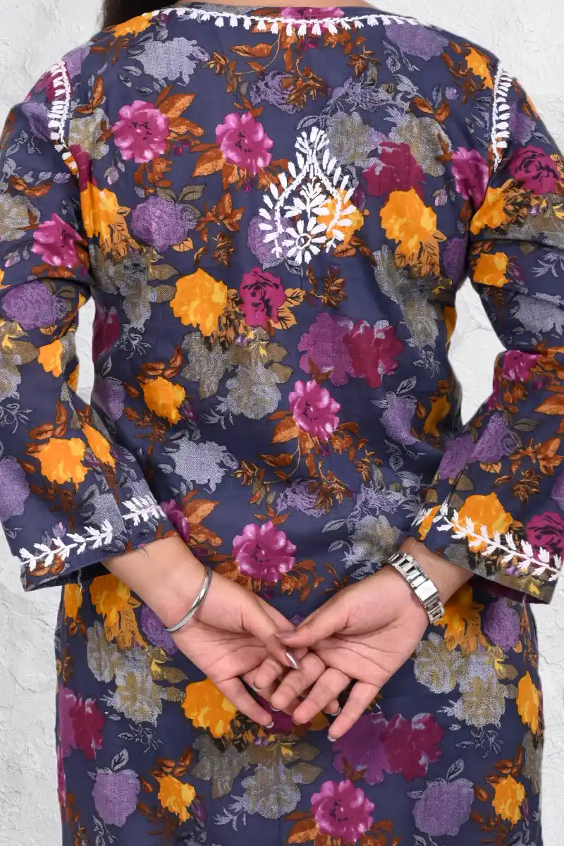 DNIZA women blue floral ethnic rayon kurti front embroidery