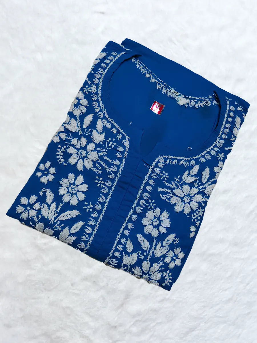 Dark Royal blue cotton kurti with handcrafted white thread work on chest and sleeves

