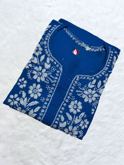Dark Royal blue cotton kurti with handcrafted white thread work on chest and sleeves

