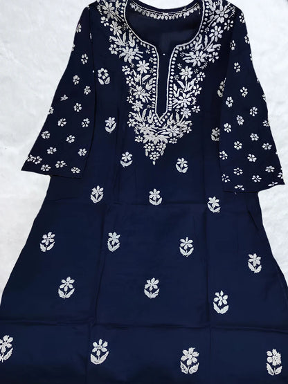Dark blue cotton kurti with handcrafted white thread work on chest and sleeves

