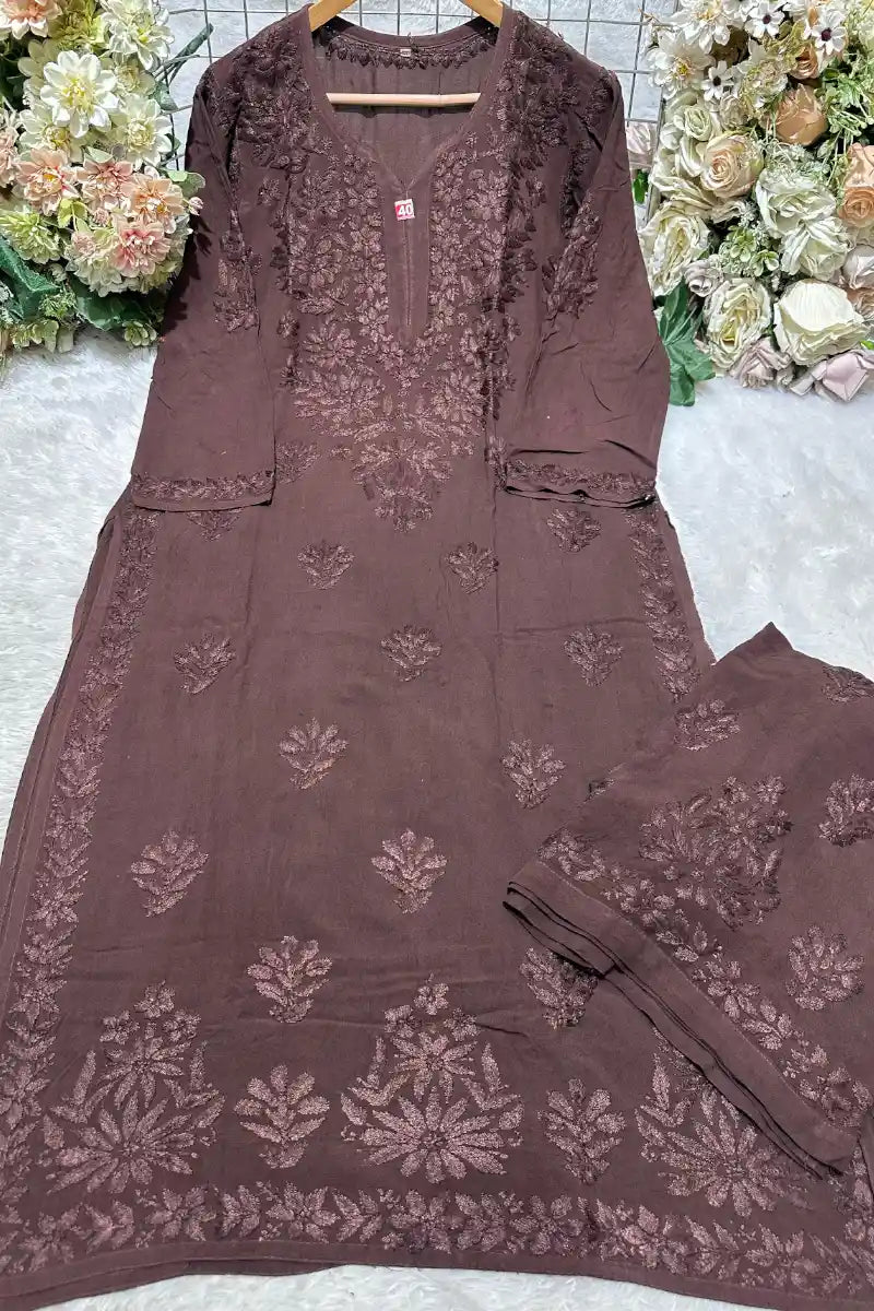Dark coffee brown rayon kurti with 3 boota thread work and border design