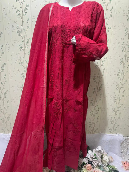 Deep Rani Red – Premium Semi-Stitched Mul Chanderi Gown with Matching Dupatta