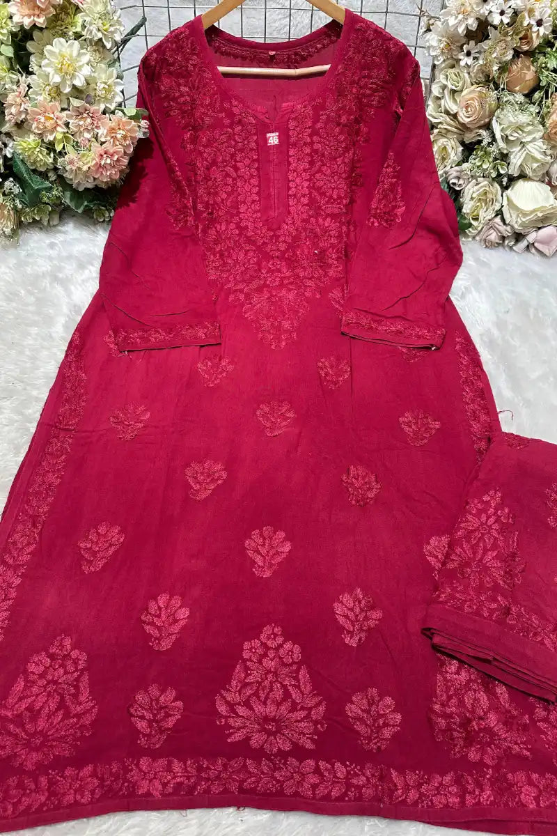 Deep rani pink rayon 3 boota embroidery kurti with dyed matching bottom