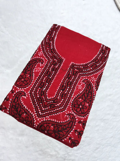 Deep red cotton dress material featuring white shadow and fanda embroidery, unstitched ethnic set.