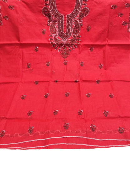 Deep red cotton dress material featuring white shadow and fanda embroidery, unstitched ethnic set(Dniza Chikankari)