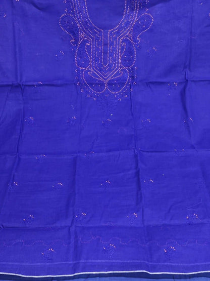 Deep royal blue dress material with rich white embroidery, ideal for festive ethnic wear(Dniza Chikanakari)