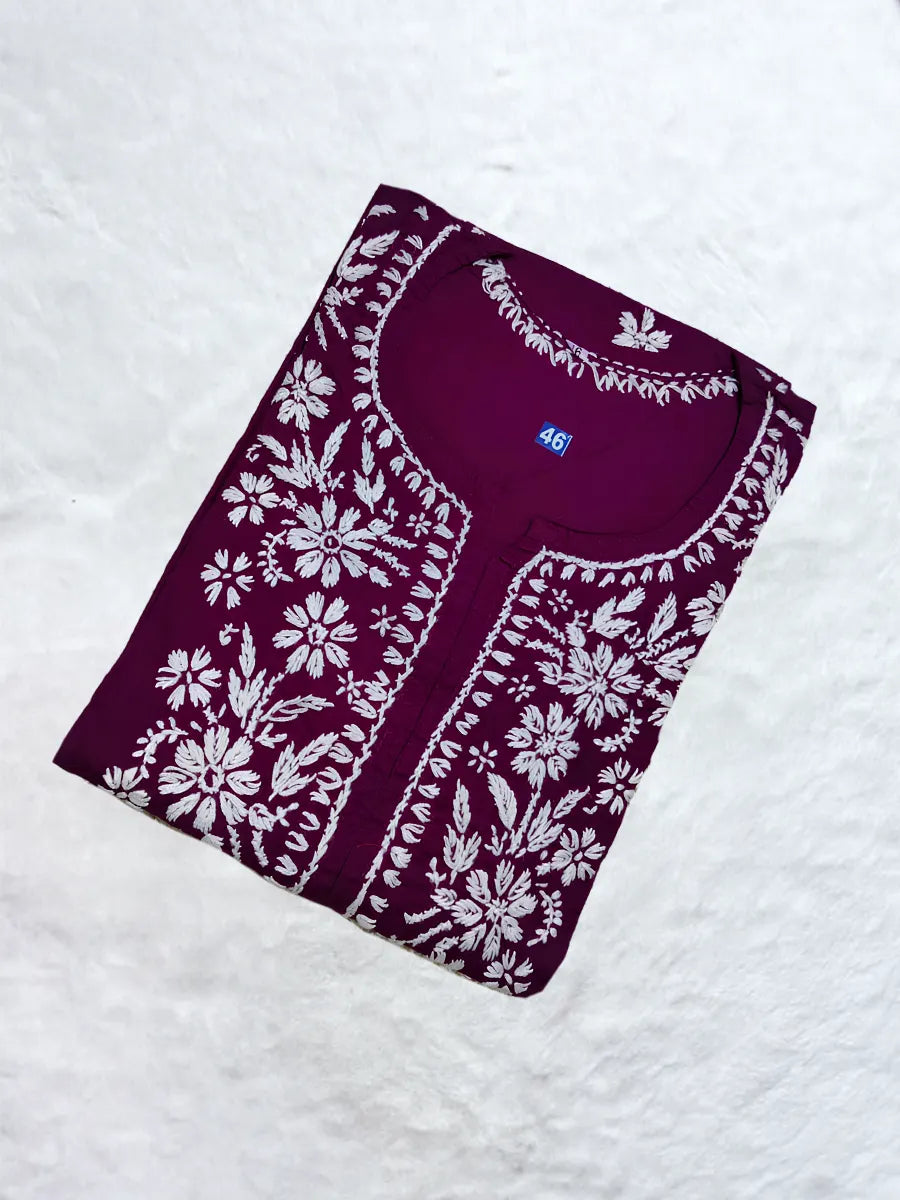 Deep wine cotton kurti adorned with delicate white chikankari stitching