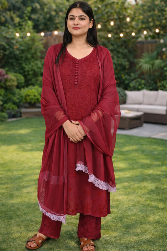 Deep wine red cotton malmal 3 piece set with kurti pant and dupatta