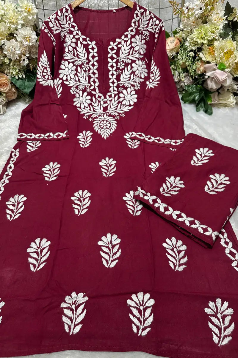 Deep wine red rayon Chikankari kurti set with white embroidery