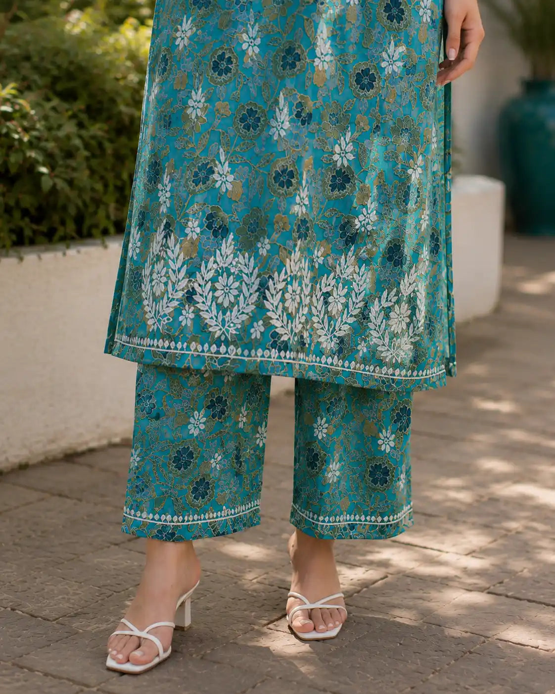 Designer Soft Rayon Teal Blue Kurta Palazzo Set with Floral Embroidery