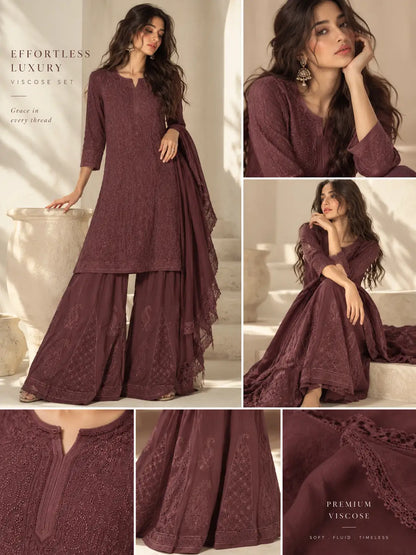 A woman modeling a deep plum purple embroidered viscose set in a warm, sunlit interior. The collage shows full-body views, close-ups of the fabric texture, and text overlays reading 'Effortless Luxury Viscose Set' and 'Premium Viscose'.