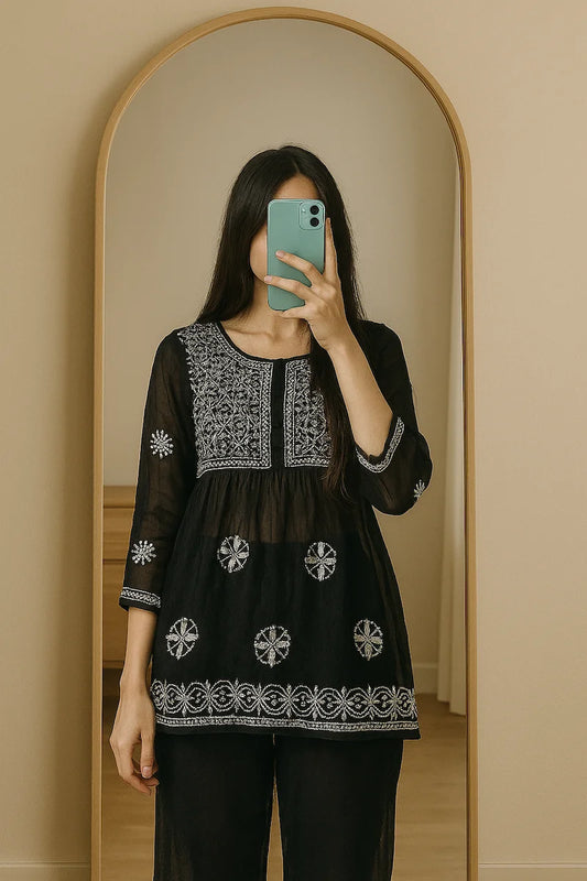 "Black georgette short kurti with white Chikankari embroidery – elegant and lightweight"

