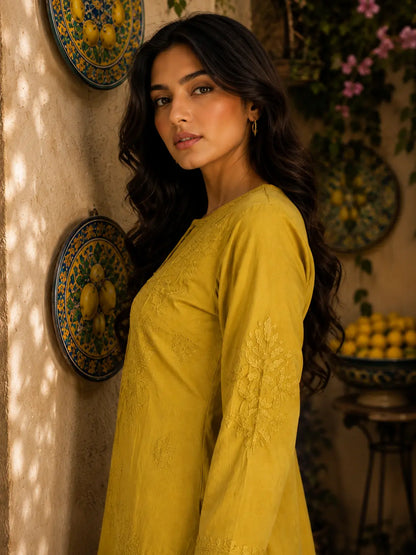  Dniza Chikankari mustard yellow Lucknowi embroidered kurta set
