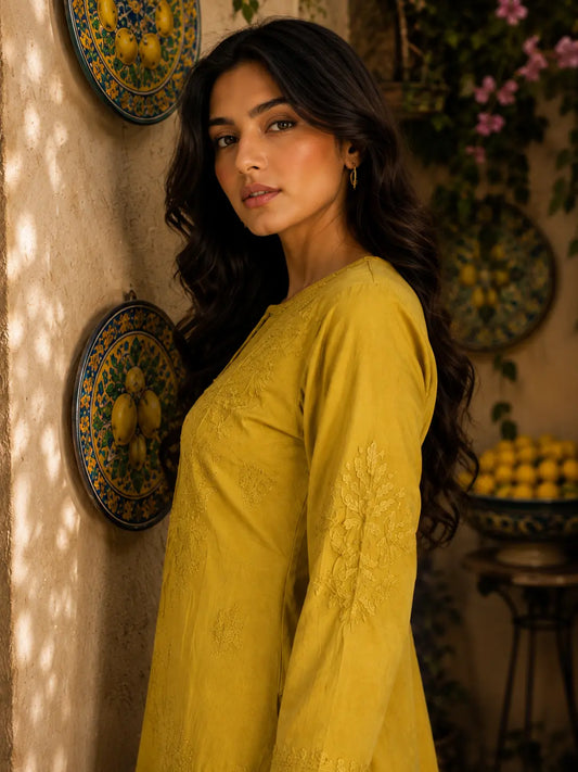  Dniza Chikankari mustard yellow Lucknowi embroidered kurta set