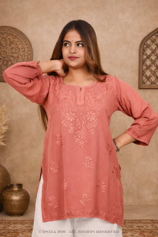 Dniza Dusty Rose rayon Short chikankari kurti with floral embroidery for women