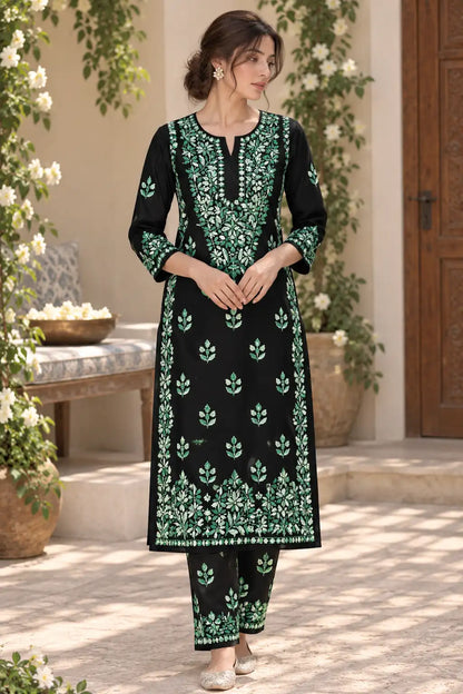 Dniza Emerald Green Rayon Embroidered Kurta Pant Set