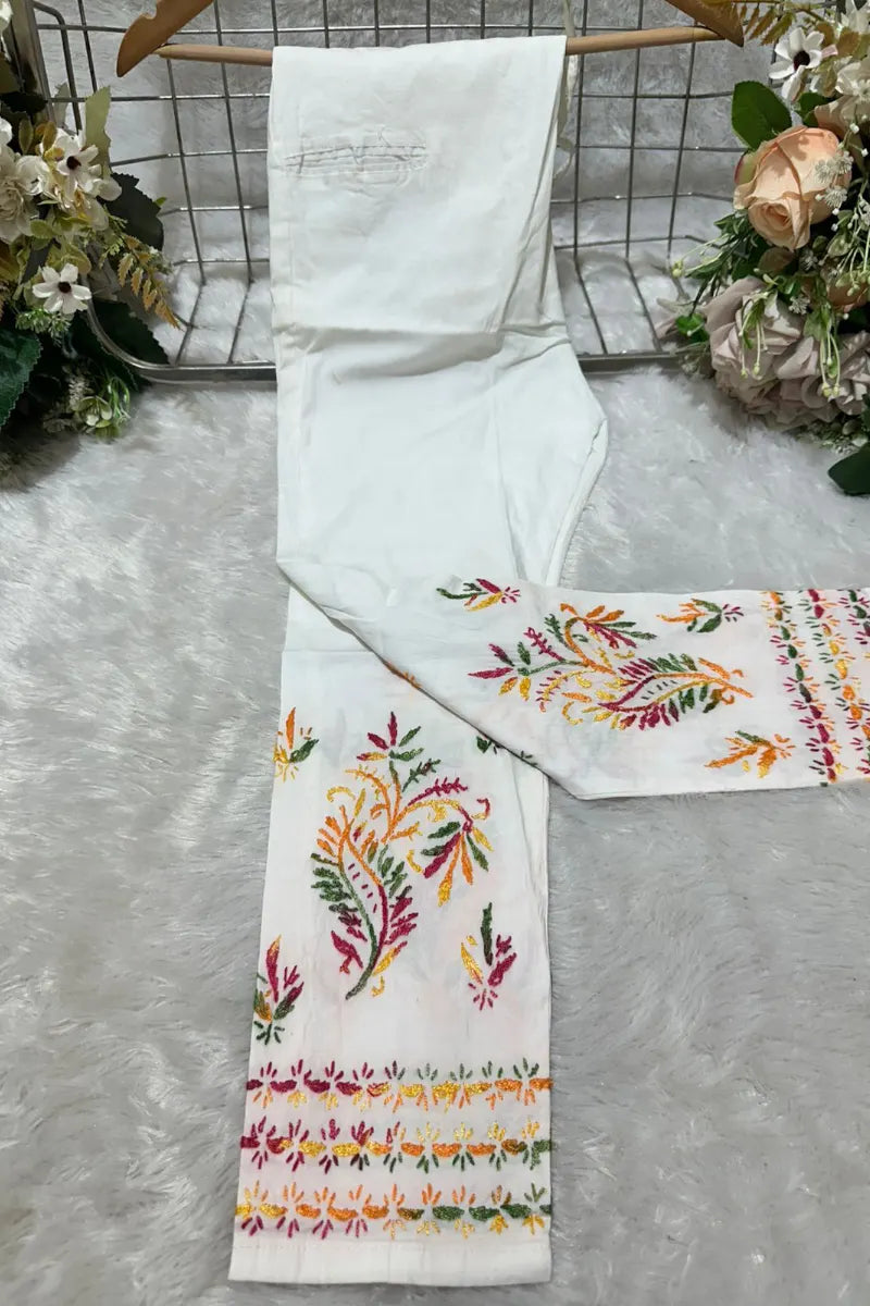 Dniza White Rayon Palazzo with Colorful Floral Embroidery and Elastic Waistband for Ethnic Wear and Chikankari Kurtis.