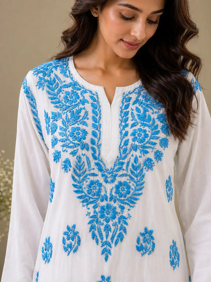 Dniza women’s soft rayon ethnic kurta set with embroidered palazzo and floral detailing