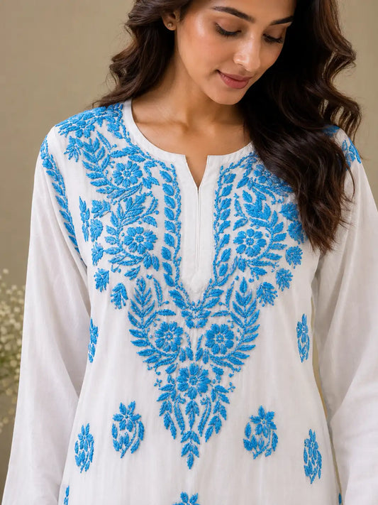 Dniza women’s soft rayon ethnic kurta set with embroidered palazzo and floral detailing