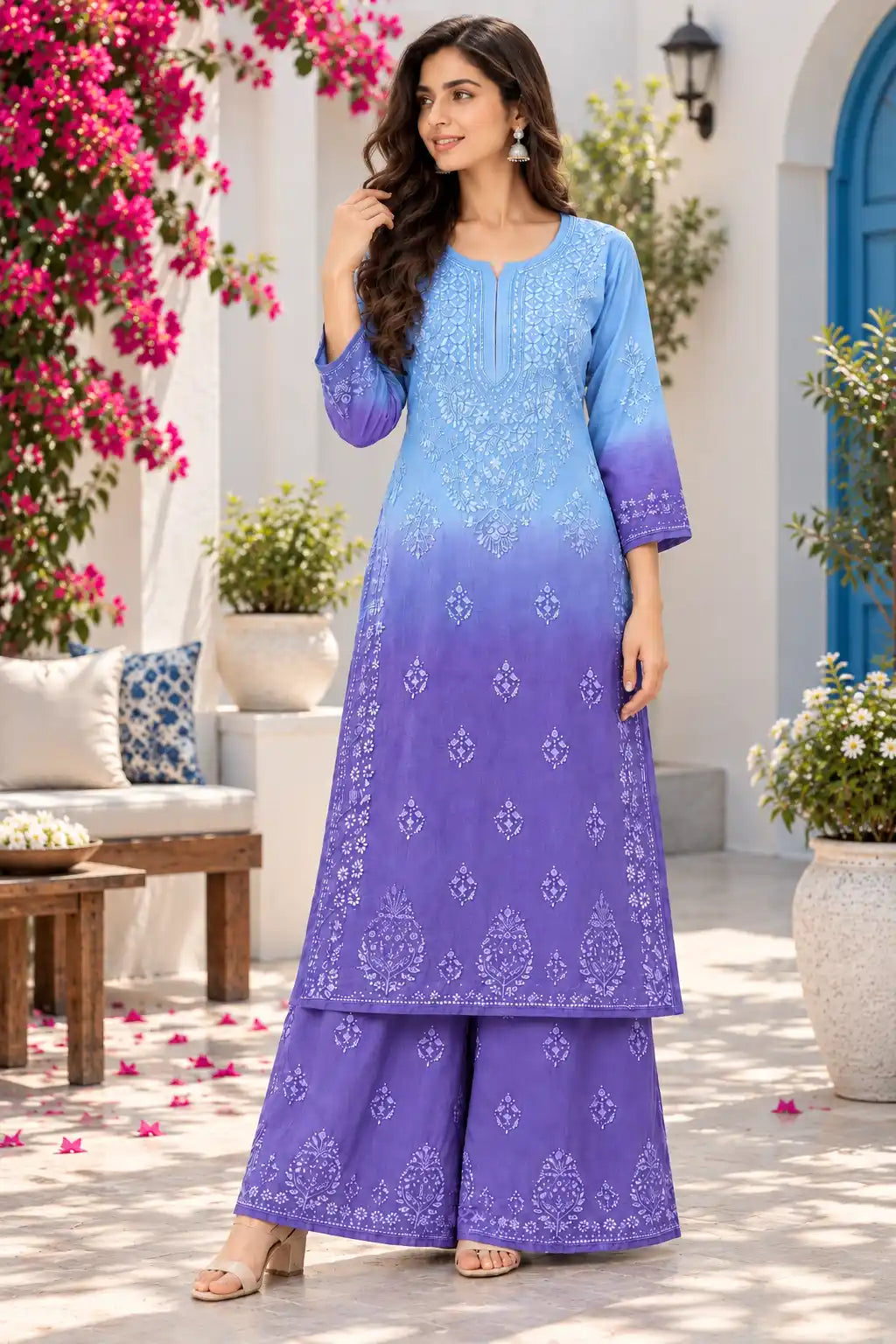 Double shade rayon ethnic kurti with matching palazzo